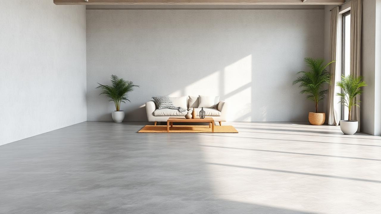 Woonkamer met een gewolkte grijze betonlook gietvloer in het zonlicht
