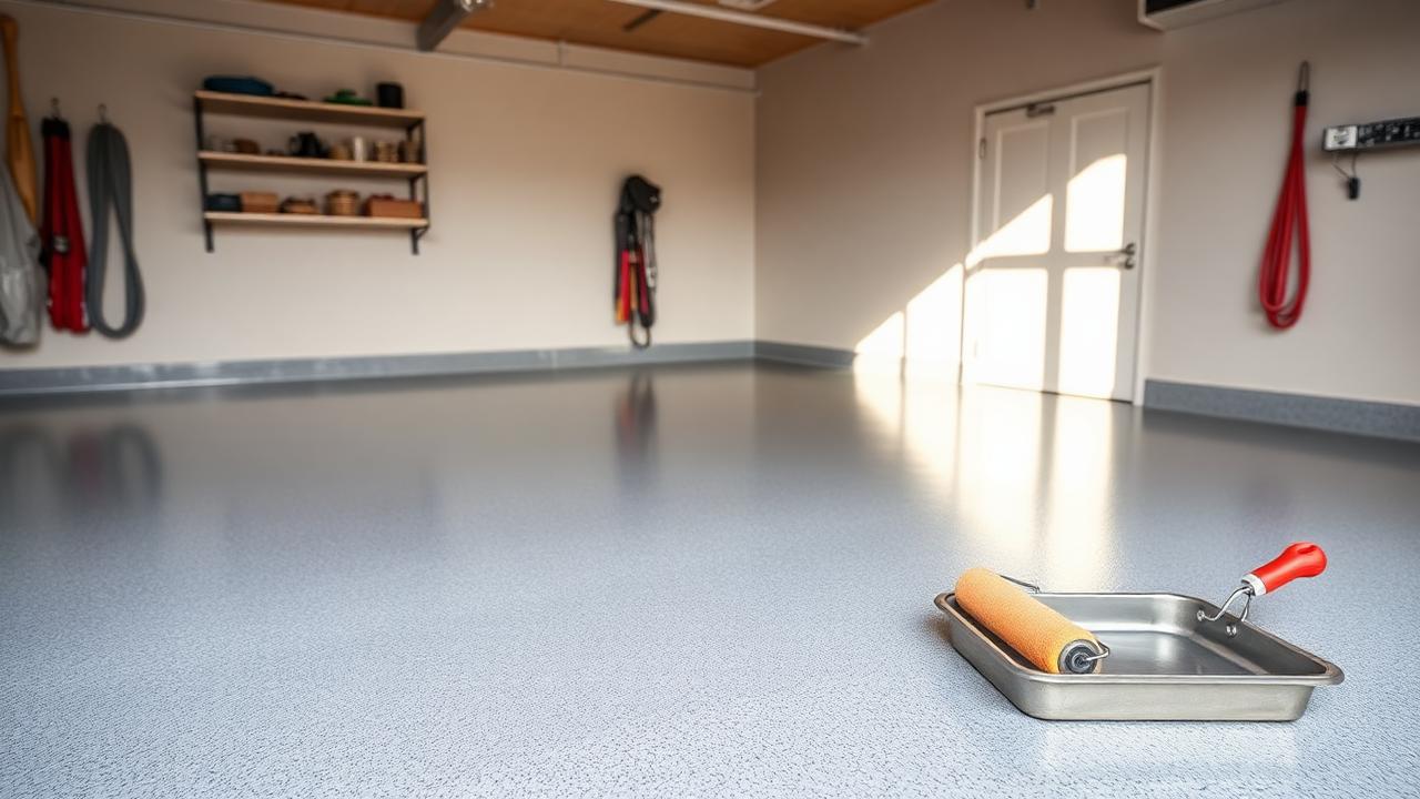 Man brengt grijze epoxycoating aan op garagevloer met roller