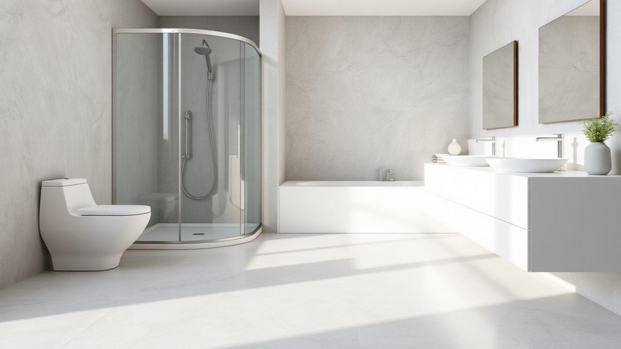 Naadloze grijze gietvloer in moderne badkamer met inloopdouche