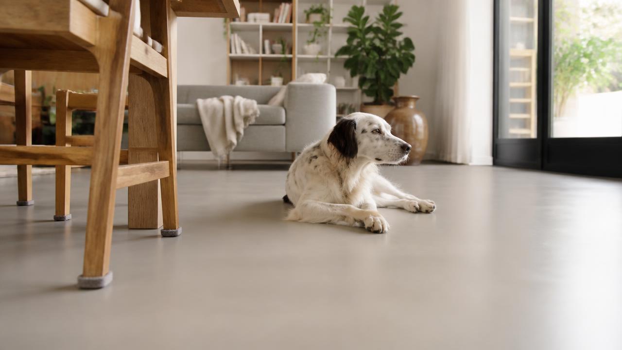 Warme woonkamer met een matte grijze gietvloer, een hond op de vloer en viltdopjes onder de stoelpoten