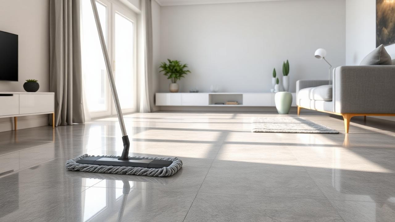 Persoon dweilt een glanzende gietvloer in een moderne woonkamer