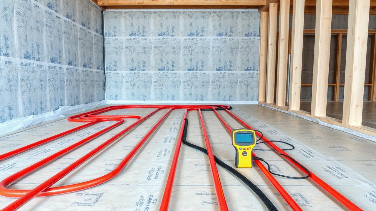 Werkman meet vochtgehalte in dekvloer met vloerverwarming voor het gieten