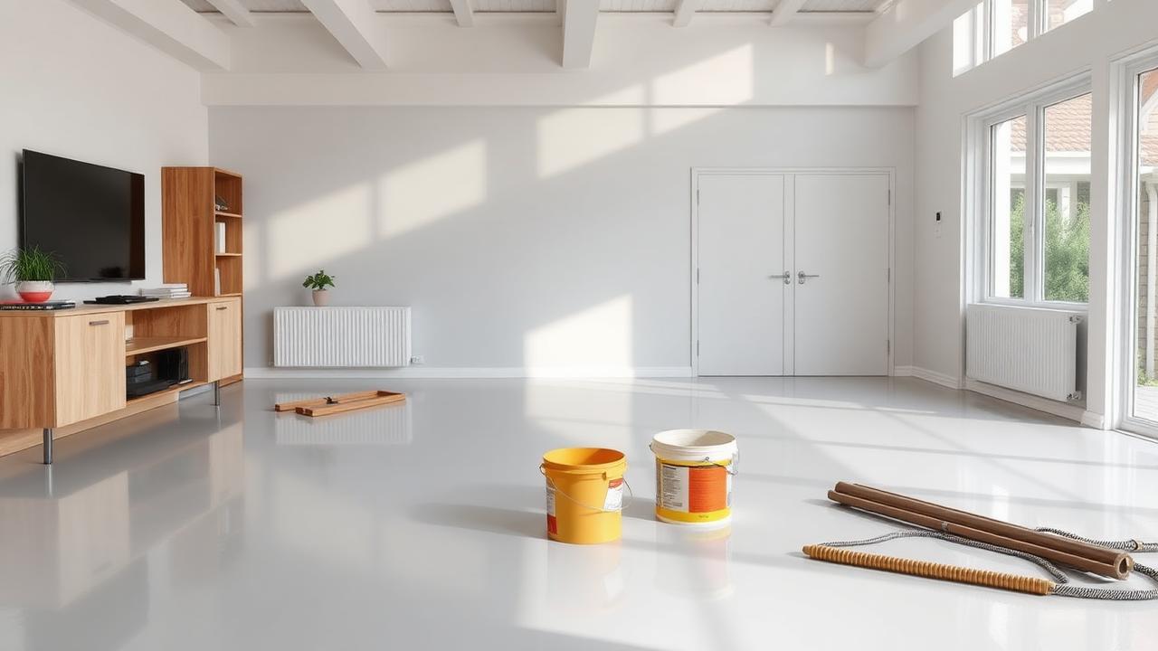 Gietvloer in aanleg met gietvloermateriaal en gereedschap op de grond