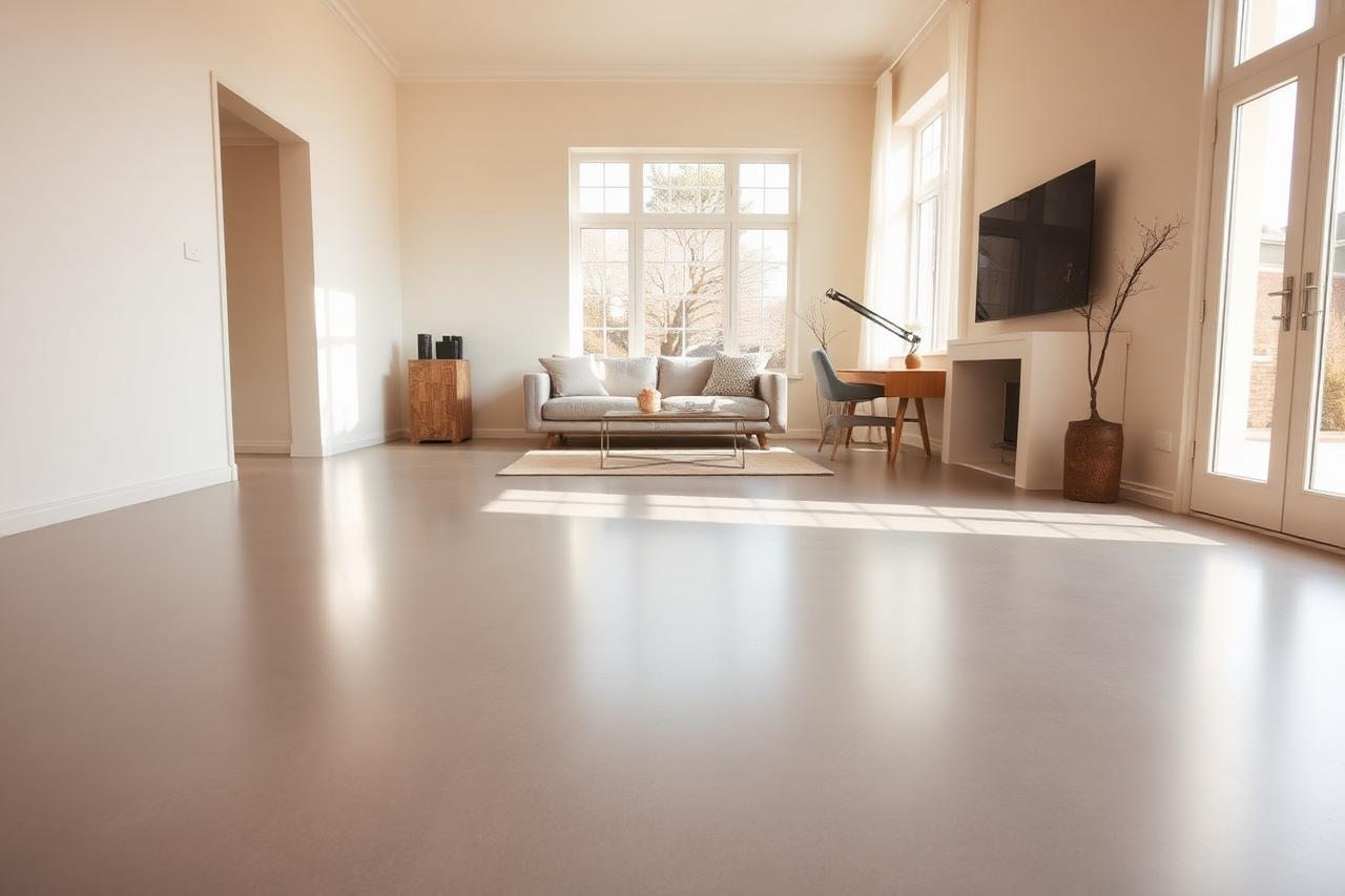 Lichte woonkamer met een egale, matte grijze gietvloer in het zonlicht
