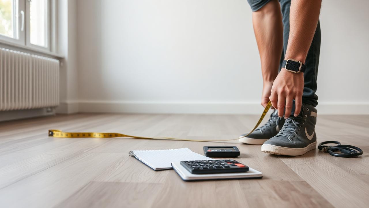 Persoon meet met een rolmaat de oppervlakte van een lege ruimte voor te gieten vloer
