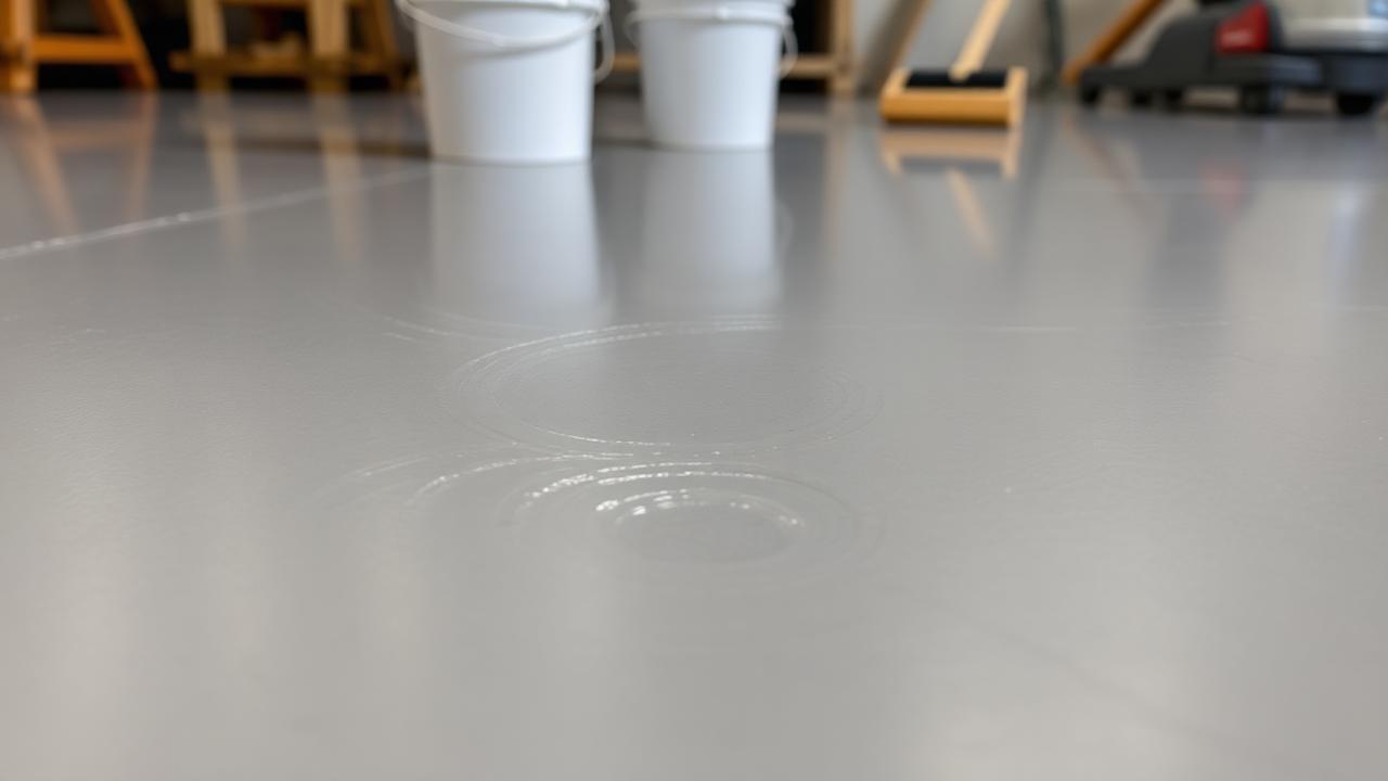 Close-up van een hand die met een tandheugelspaan gietvloermateriaal verspreidt over een ondergrond