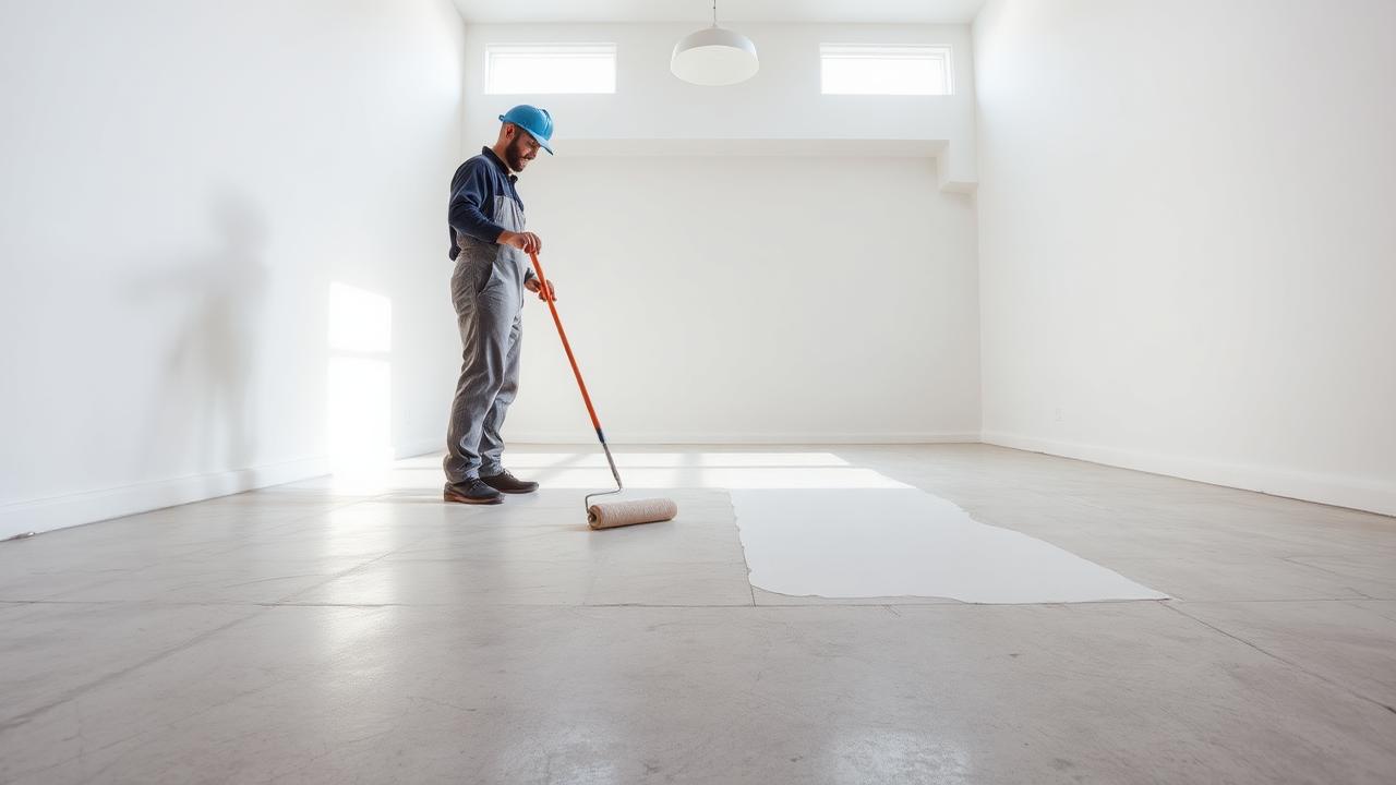Vakman brengt met een roller een primerlaag aan op een betonvloer in een lichte ruimte