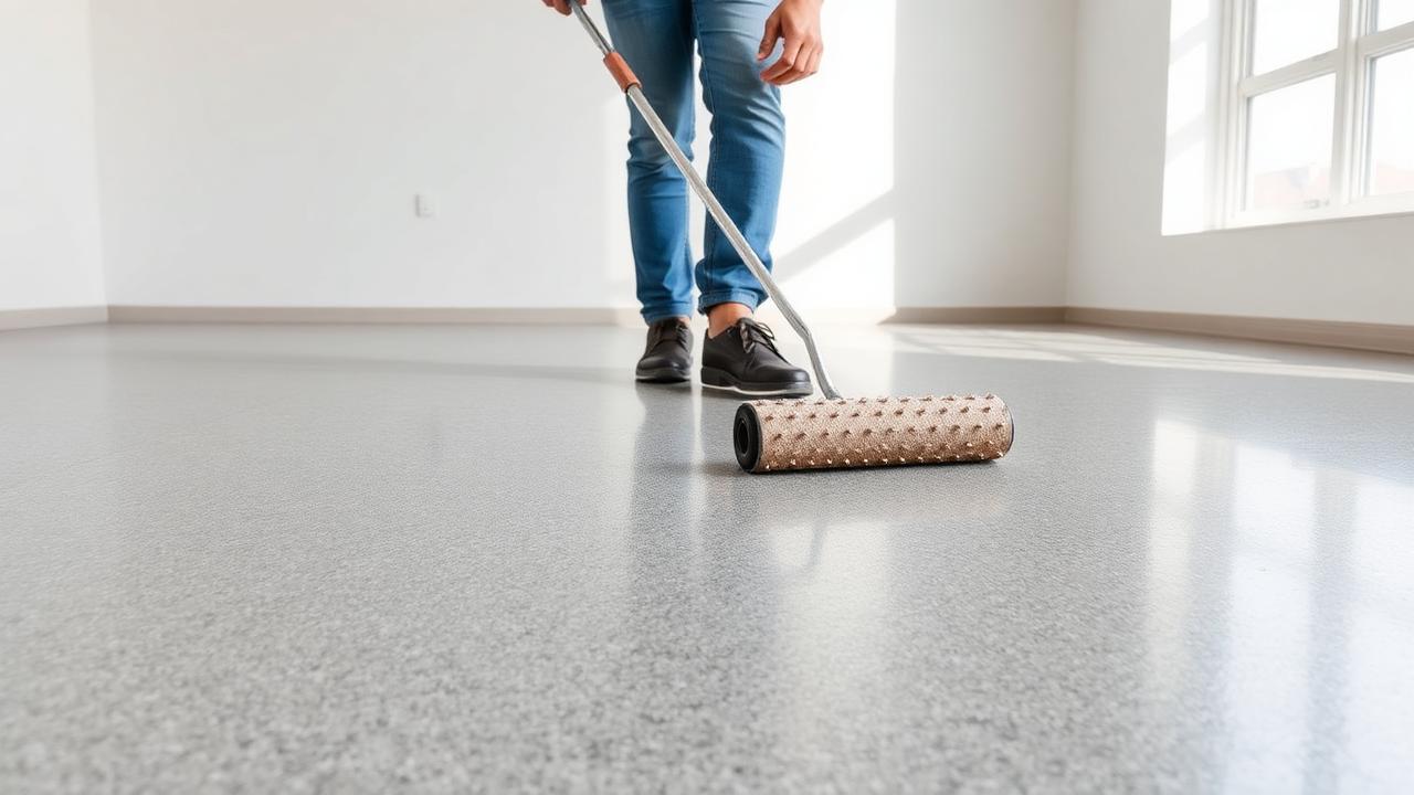 Persoon die met een rakel gietvloermateriaal uitstrijkt op een betonnen ondergrond